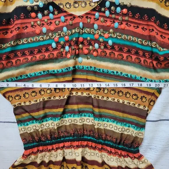 Chico's Size 1 US M Southwest Art to Wear Rock Embellished Gathered Waist Top - Picture 8 of 11